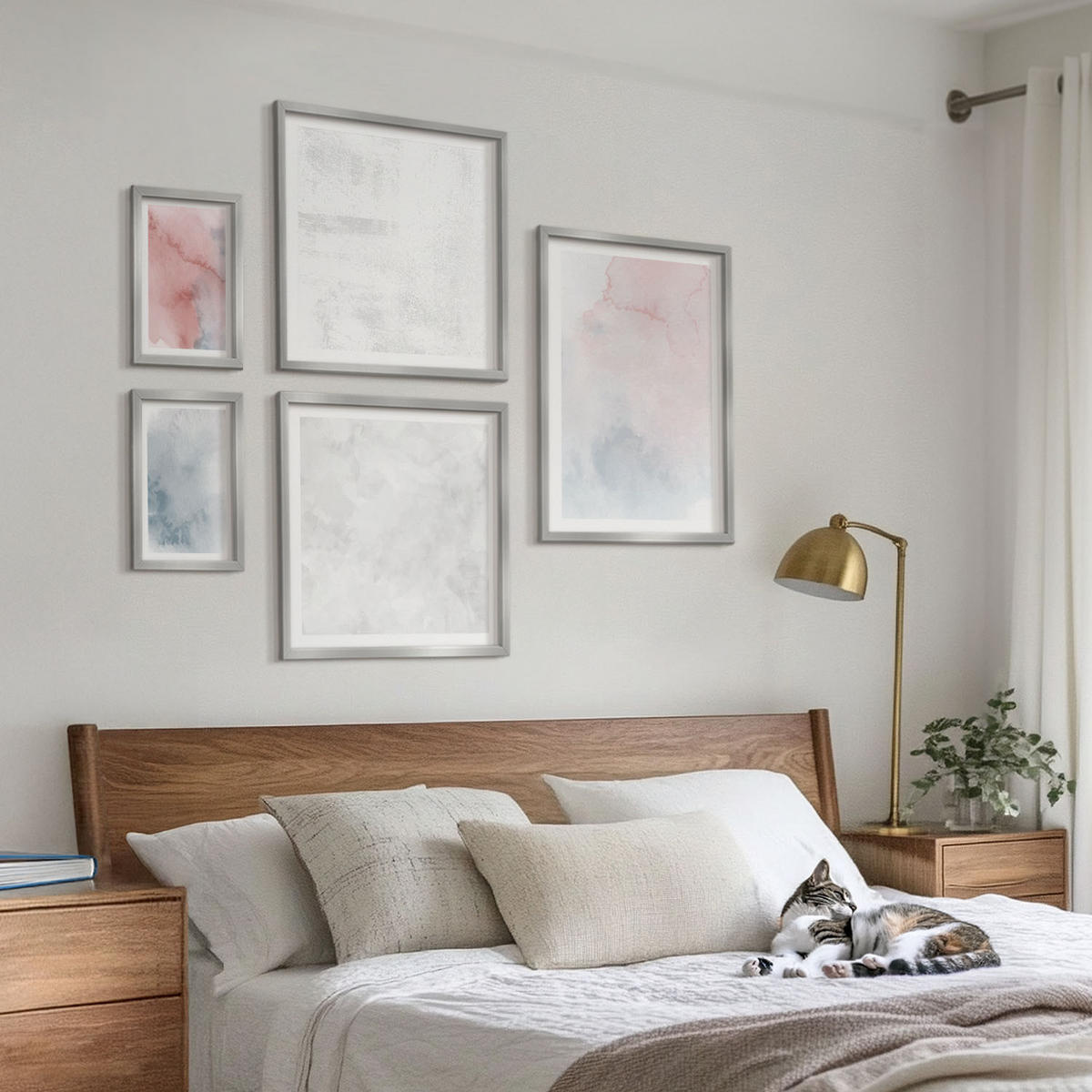 BILDER SET 5er Set - 50x50 cm & 20x30 cm & 40x60 cm Silberner Rahmen - Pastellfarbene Aquarelltexturen - Silberfarben, Kunststoff (40/60cm) - TULUP