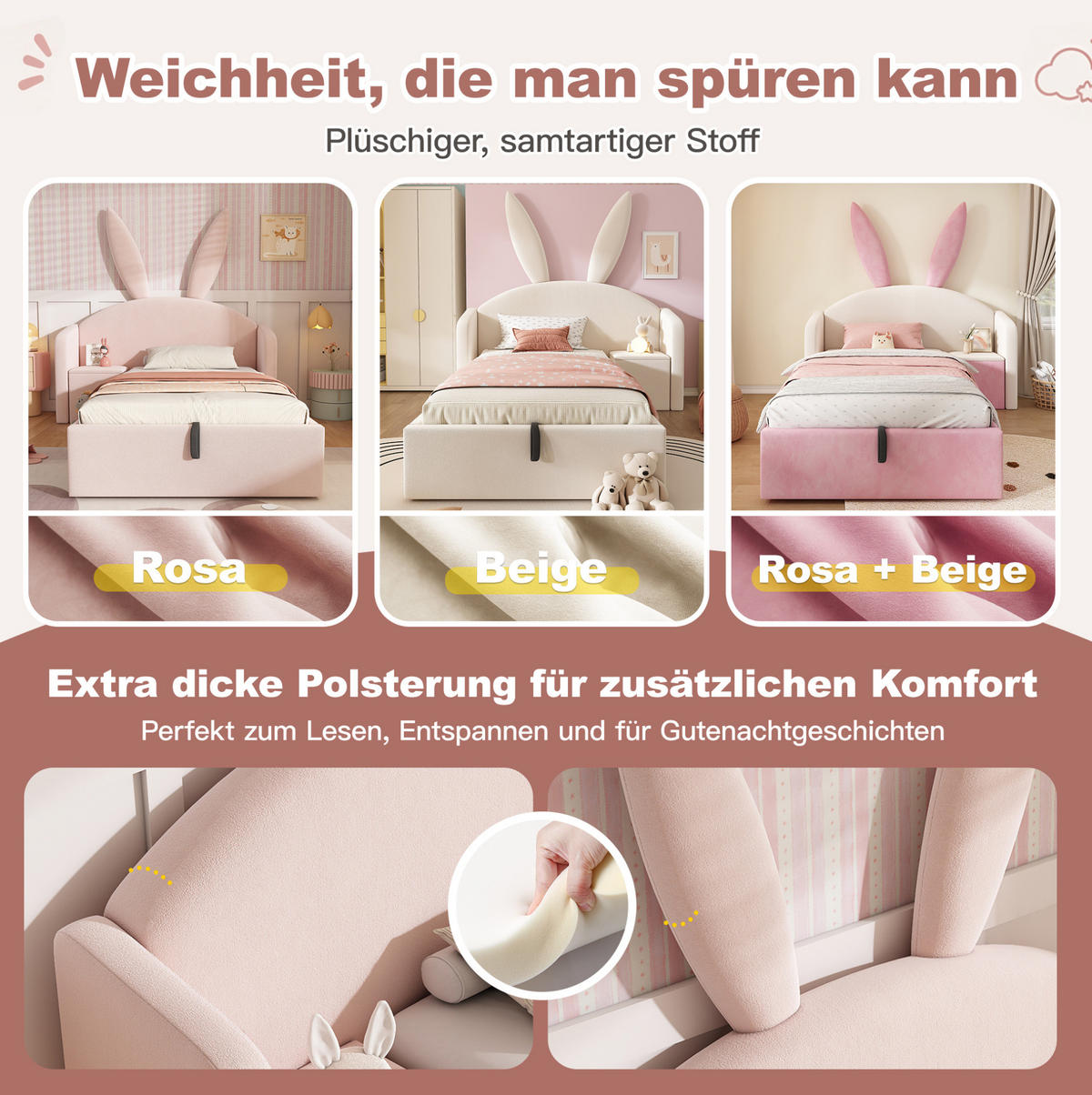 KINDERBETT 90x190 cm in Rosa mit Hasenohren, Bettkasten und Nachttisch - Rosa, Textil (90/190cm) - IVMEU
