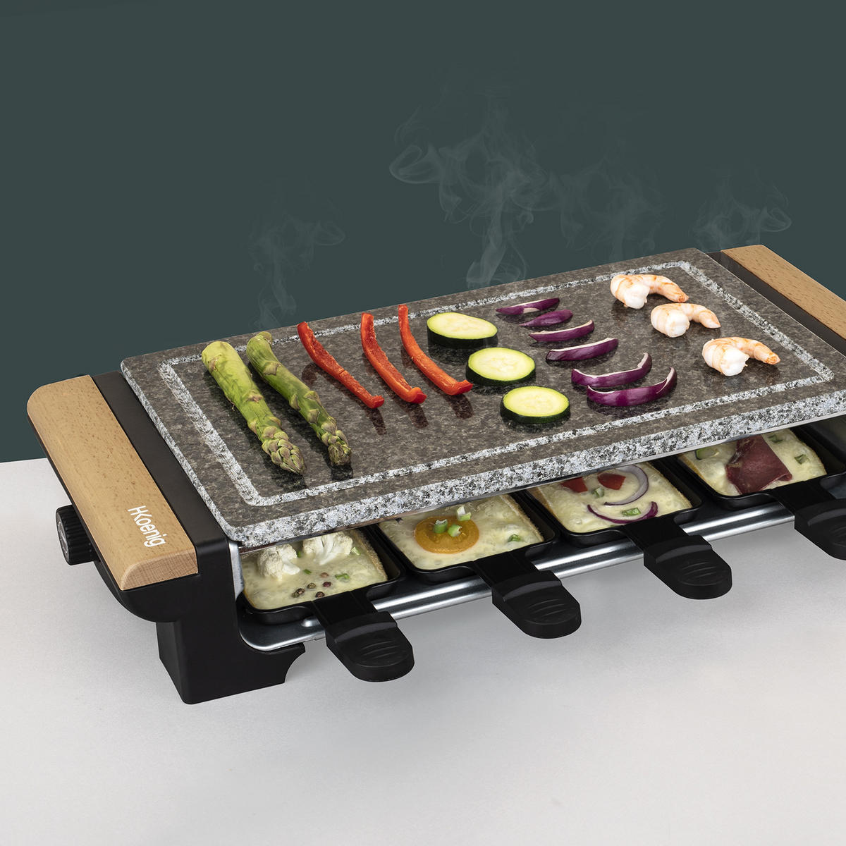 TISCHGRILL und Raclette-Gerät RP328, Grau, 2-in-1 Tischgrill inkl, Holzgriffe - Grau, Stein (49/9.5/23cm) - HKoenig
