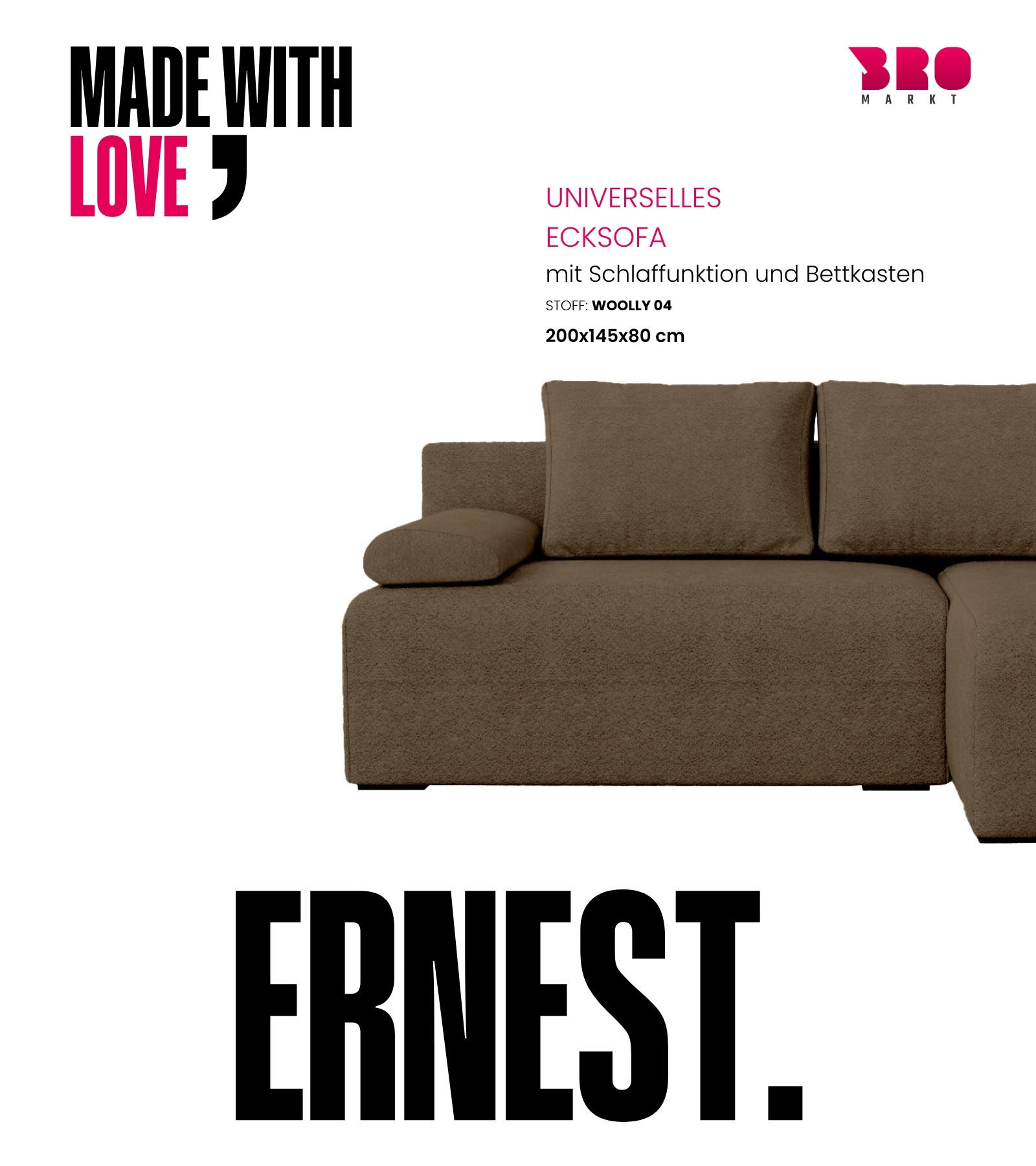 ECKSOFA Ernest mit Schlaffunktion Braun Bouclé - Braun, Textil (200/145cm) - Bromarkt