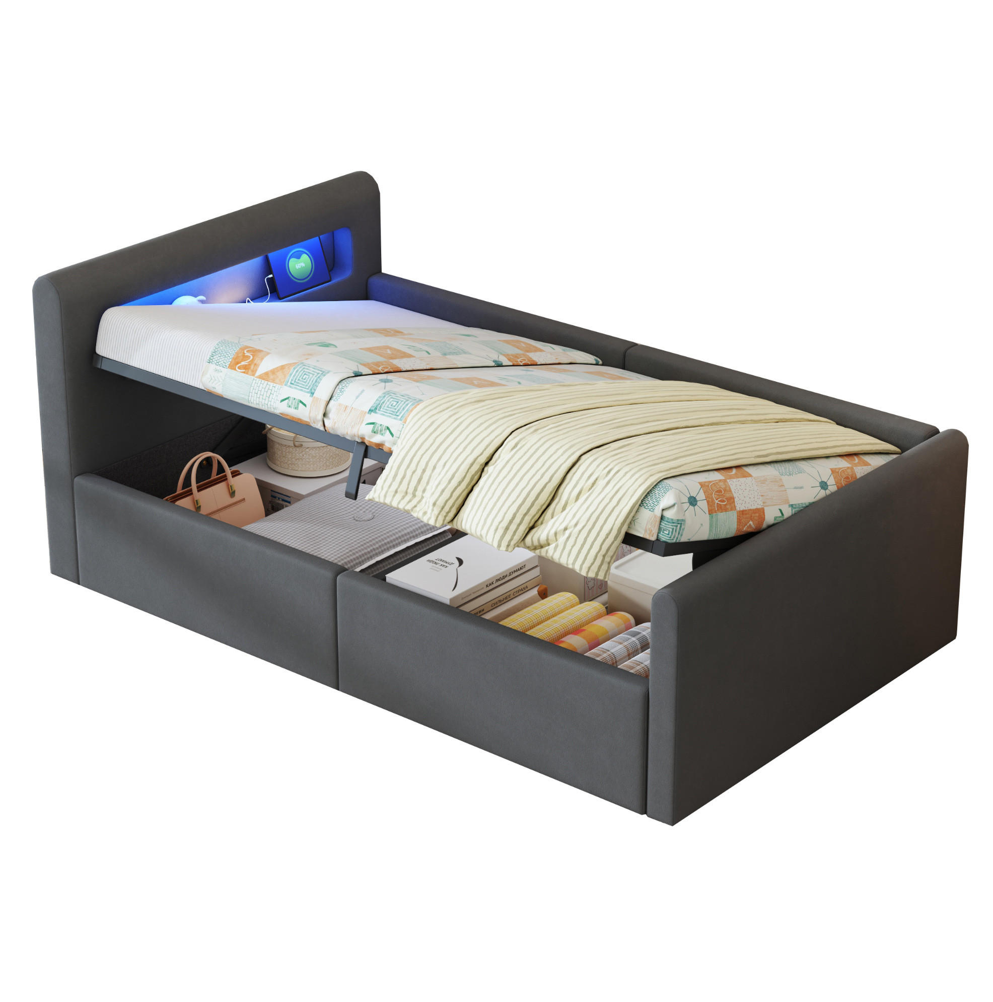 DETSKÁ posteľ 90/200 cm, zamat, sivá, s LED osvetlením, USB a hydraulickým úložným priestorom - sivá, textil (90/200cm) - BEAOK