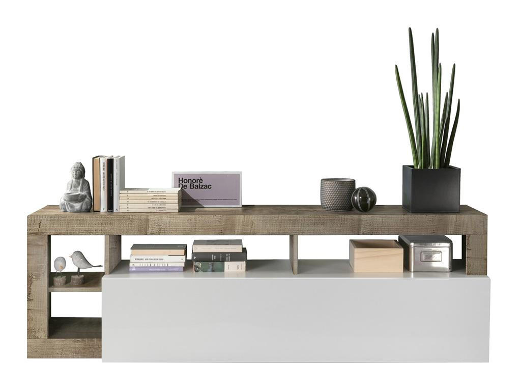 TV-MÖBEL mit 1 Tür & 4 Ablagen - Weiß lackiert & Eichefarben - SEFRO - Naturfarben, Holz (42/58/184cm) - Vente-Unique