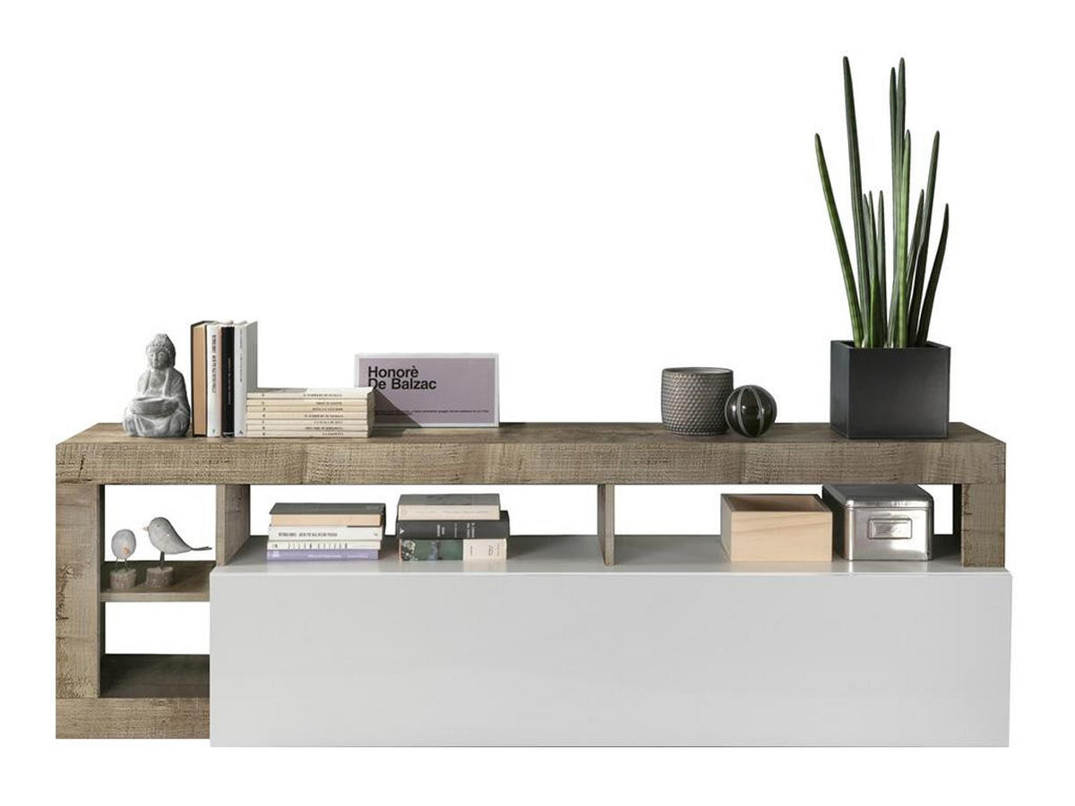 TV-MÖBEL mit 1 Tür & 4 Ablagen - Weiß lackiert & Eichefarben - SEFRO - Naturfarben, Holz (42/58/184cm) - Vente-Unique