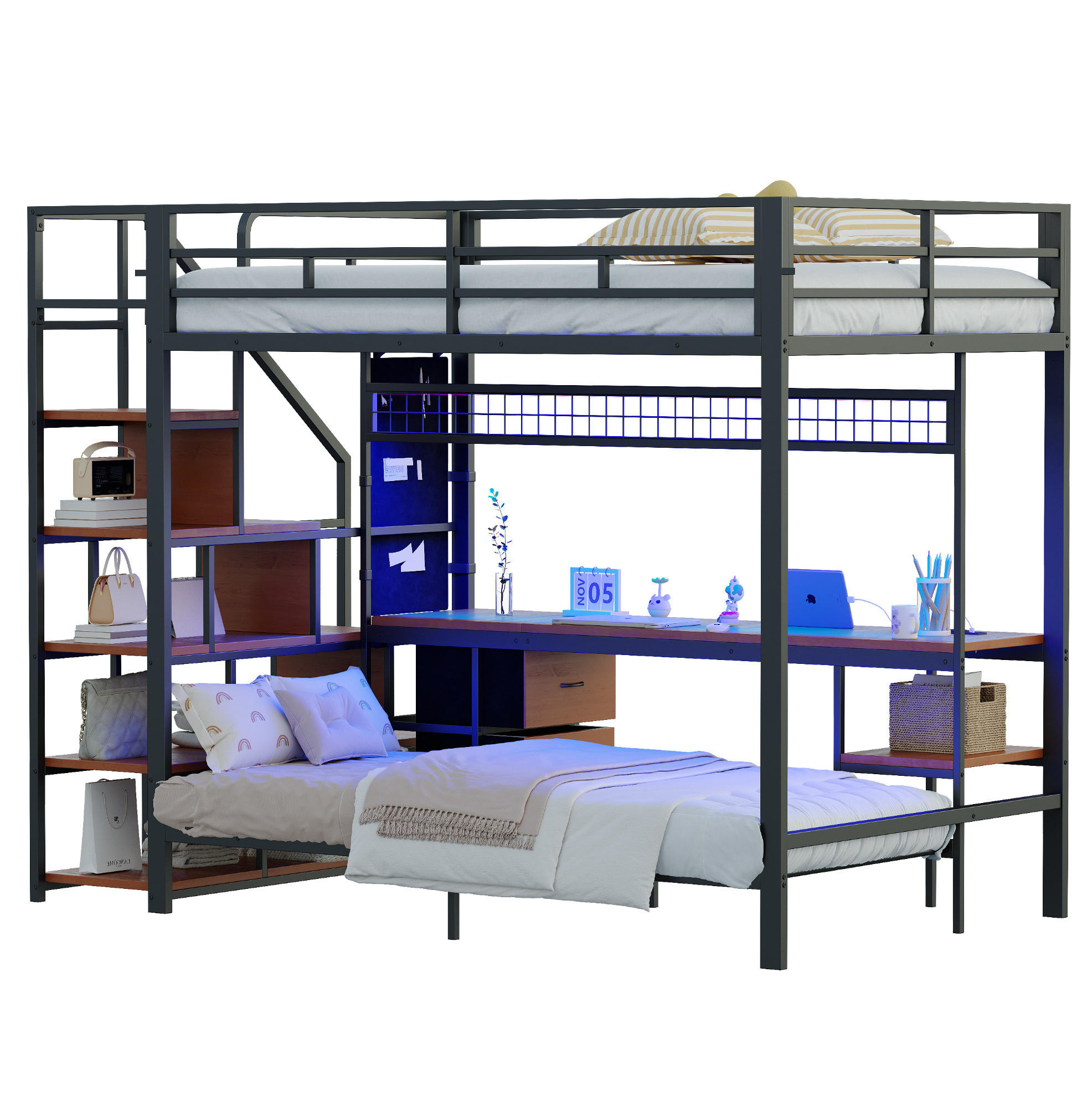 HOCHBETT mit Schreibtisch 140/200 cm in Schwarz – mit Unterbett 90/200 cm und Leiter - Schwarz, Metall (140/200cm) - BEAOK