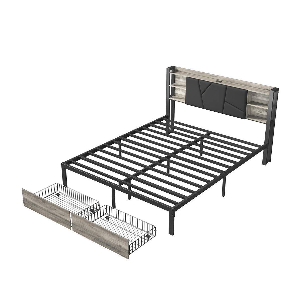 DOPPELBETT 140 x 200 cm, Kopfteil mit LED-Beleuchtung und USB-Anschlüssen, mit 2 Schubladen und Staufächern, PU - Schwarz, Holzwerkstoff - WoodenAura