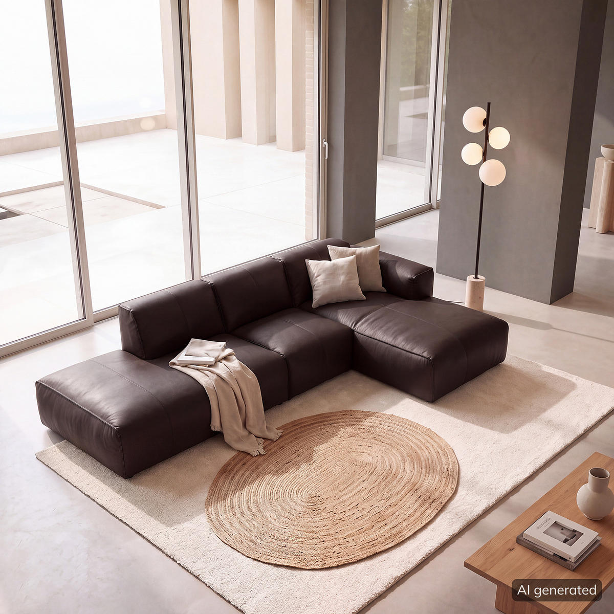 ECKSOFA mit Chaiselongue - Dunkelbraun/Schwarz, Leder/Kunststoff (290/173cm) - home24