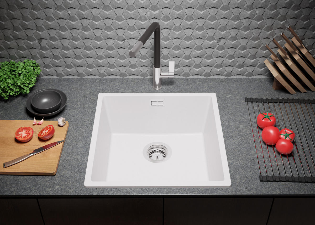 GRANITSPÜLE London Slim, 2-er set Weiß 46/47 cm 1 Becken + Küchenarmatur 38/14 cm + Ablauf-Set ab 50er Unterschrank - Chromfarben/Weiß, Kunststoff (46/20/47cm) - Primagran