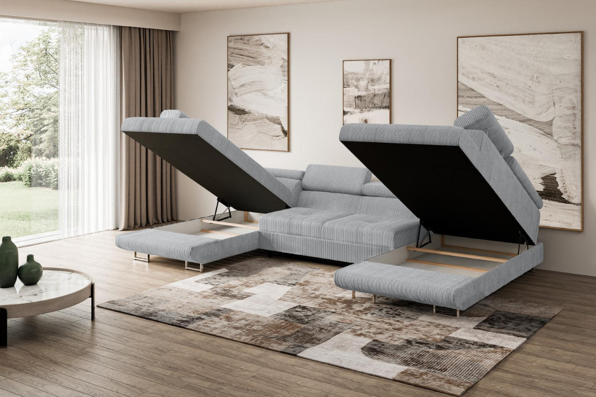 WOHNLANDSCHAFT mit Schlaffunktion und Bettkasten GUSA-U 342x202x107 cm Grau Cord - Silberfarben/Grau, Holzwerkstoff/Textil (342/107/202cm) - ALTDECOR