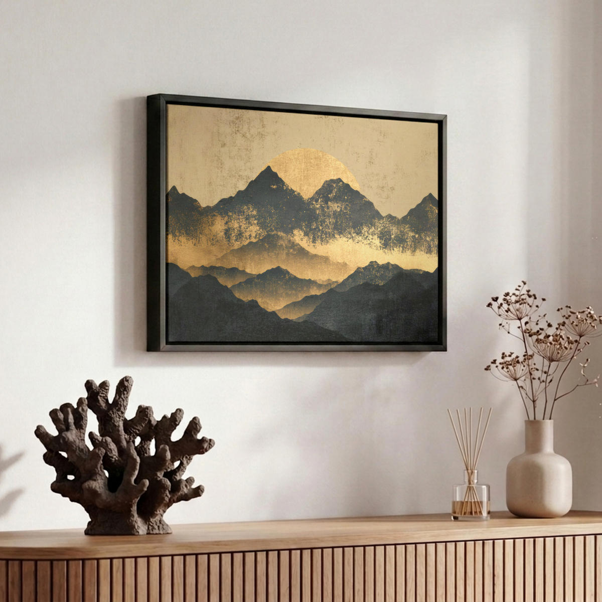 LEINWAND Bilder mit Rahmen - Goldene Berge bei Mondschein - 30x20 - Goldfarben, Textil (30/20cm) - MuchoWow