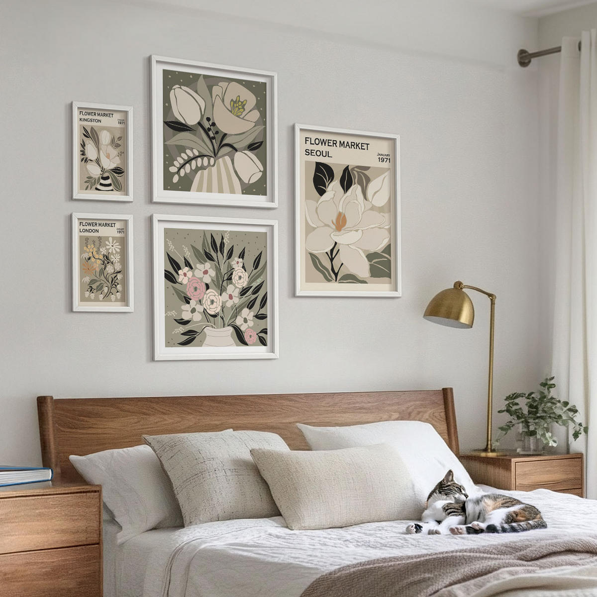 WANDBILDER 5er-Set - 50x50 cm & 20x30 cm & 40x60 cm Weißer Rahmen - Retro-Blumen aus Städten rund um die Welt - Weiß, Kunststoff (40/60cm) - ArtPrintCave