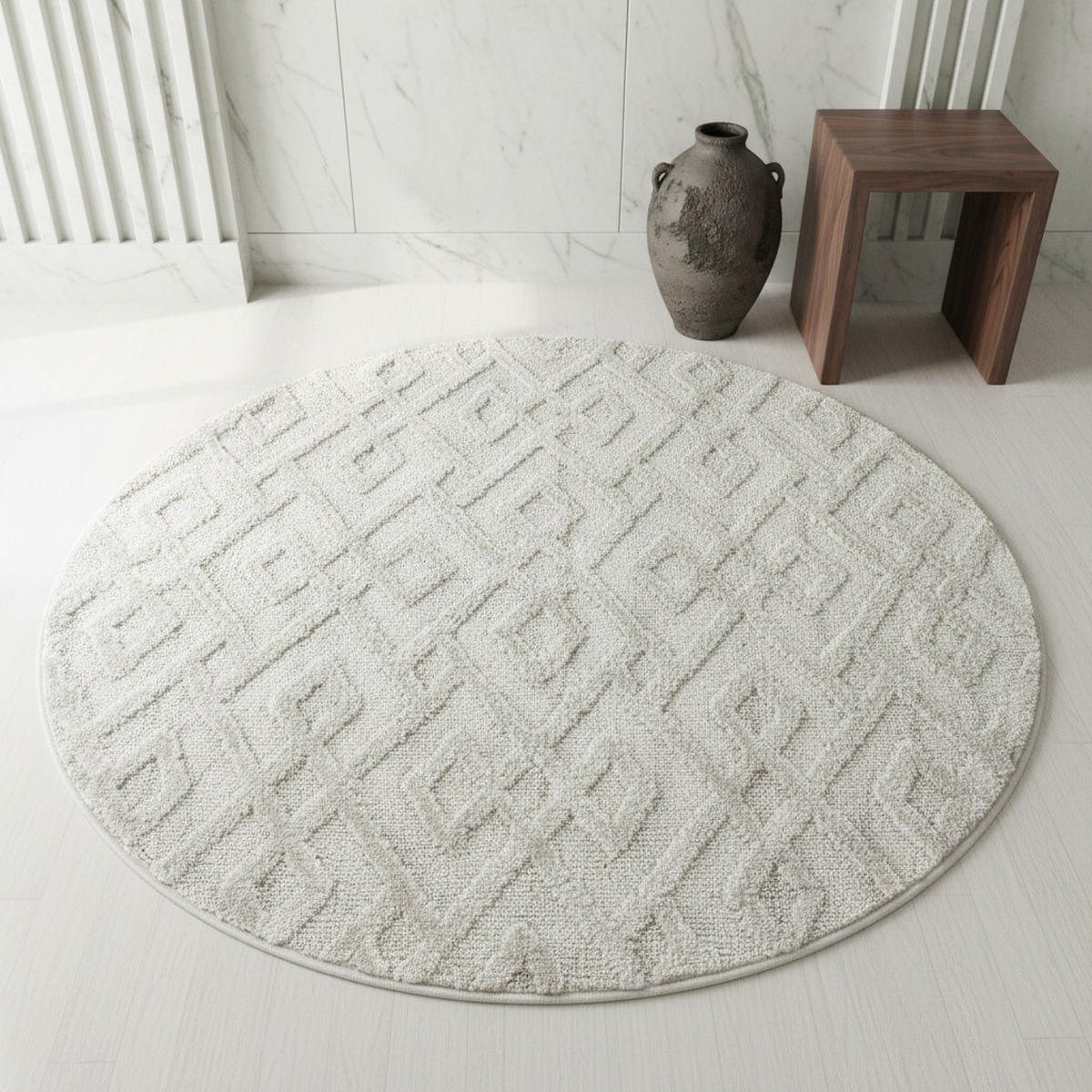 TEPPICH Hochflor Hoch-Tief Geometrisch Polypropylen Wohnzimmer Creme Rund 160x160 - Beige, Textil (160/160cm) - KADIMA DESIGN