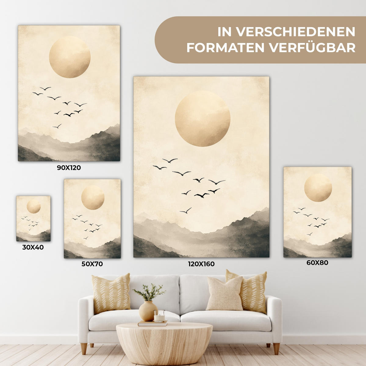 LEINWANDBILD Landschaft - Japandi - Vogel 60x80 cm - Beige, Textil (60/80cm) - MuchoWow