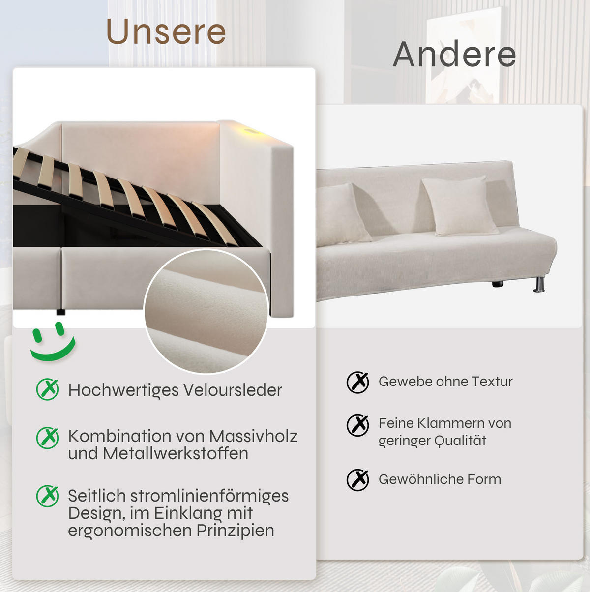 POLSTERBETT 90/200 cm Beige aus Samt mit Stauraum - Beige, Textil (90/200cm) - OKMYHOME