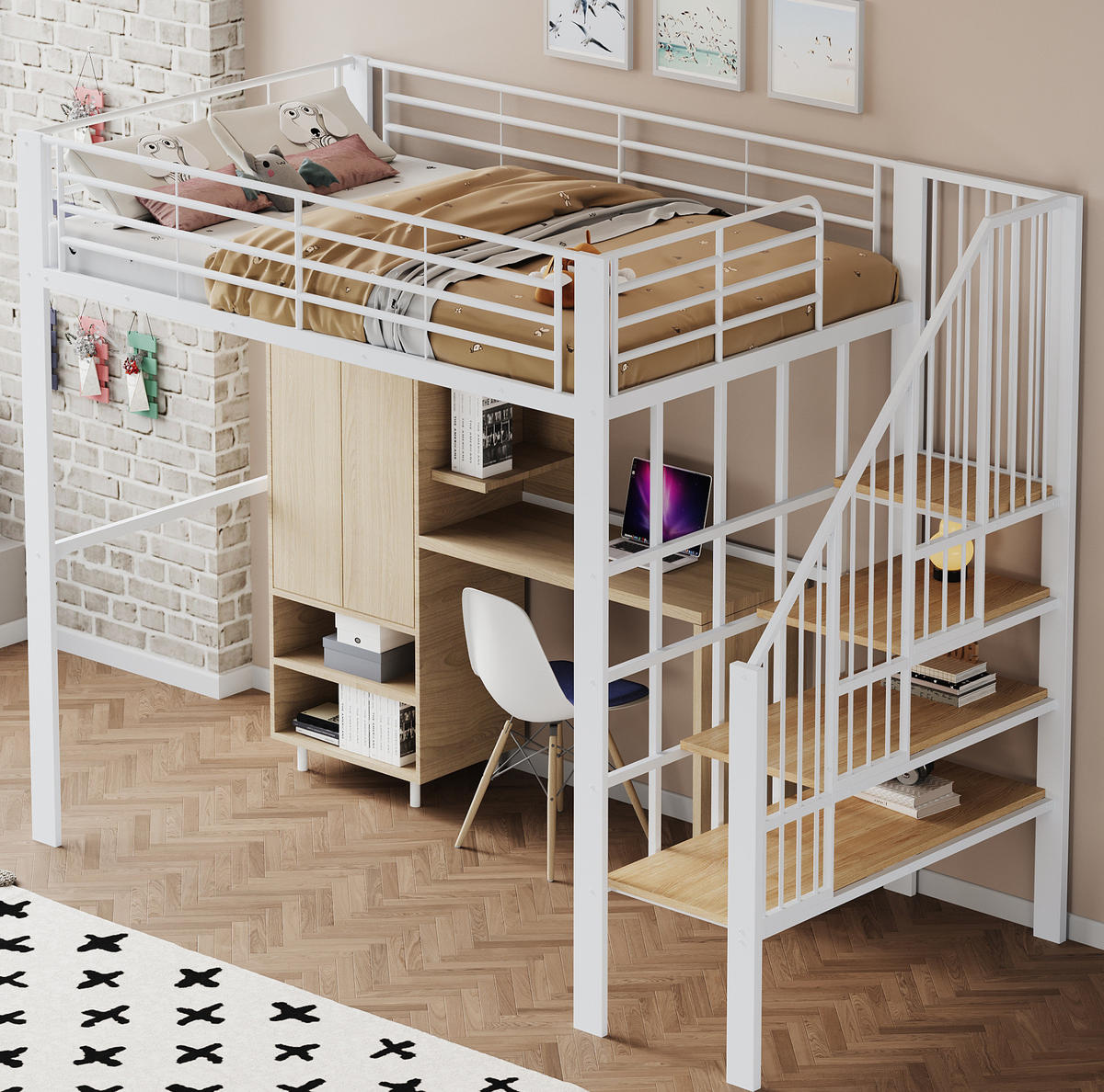 HOCHBETT 140/200 cm in Weiß – mit Treppe und Stauraum unter dem Bett - Weiß, Metall (140/200cm) - BEAOK