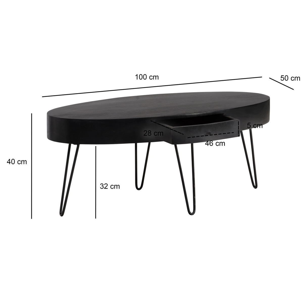 COUCHTISCH in Mango-Massivholz und Metall, 100x50x40 cm, Oval, mit Schublade, Stauraum und Haarnadelbeinen - Schwarz, Holz/Metall (50/100/40cm) - KADIMA DESIGN