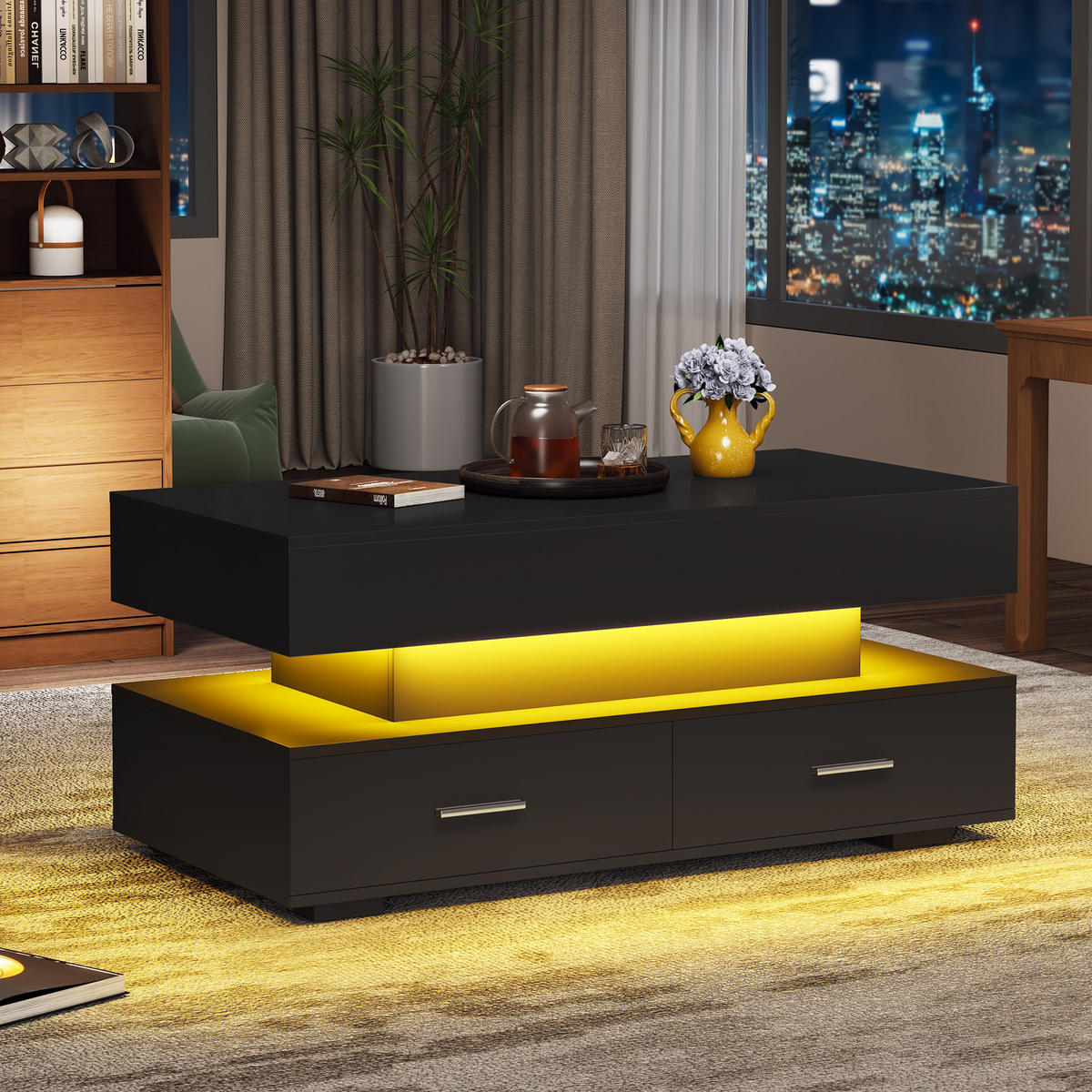 COUCHTISCH in Schwarz Wohnzimmertisch mit Liftfunktion, Stauraum und LED, 100B/50T/44Hcm - Schwarz, Holzwerkstoff (50/100/44cm) - STILVORA