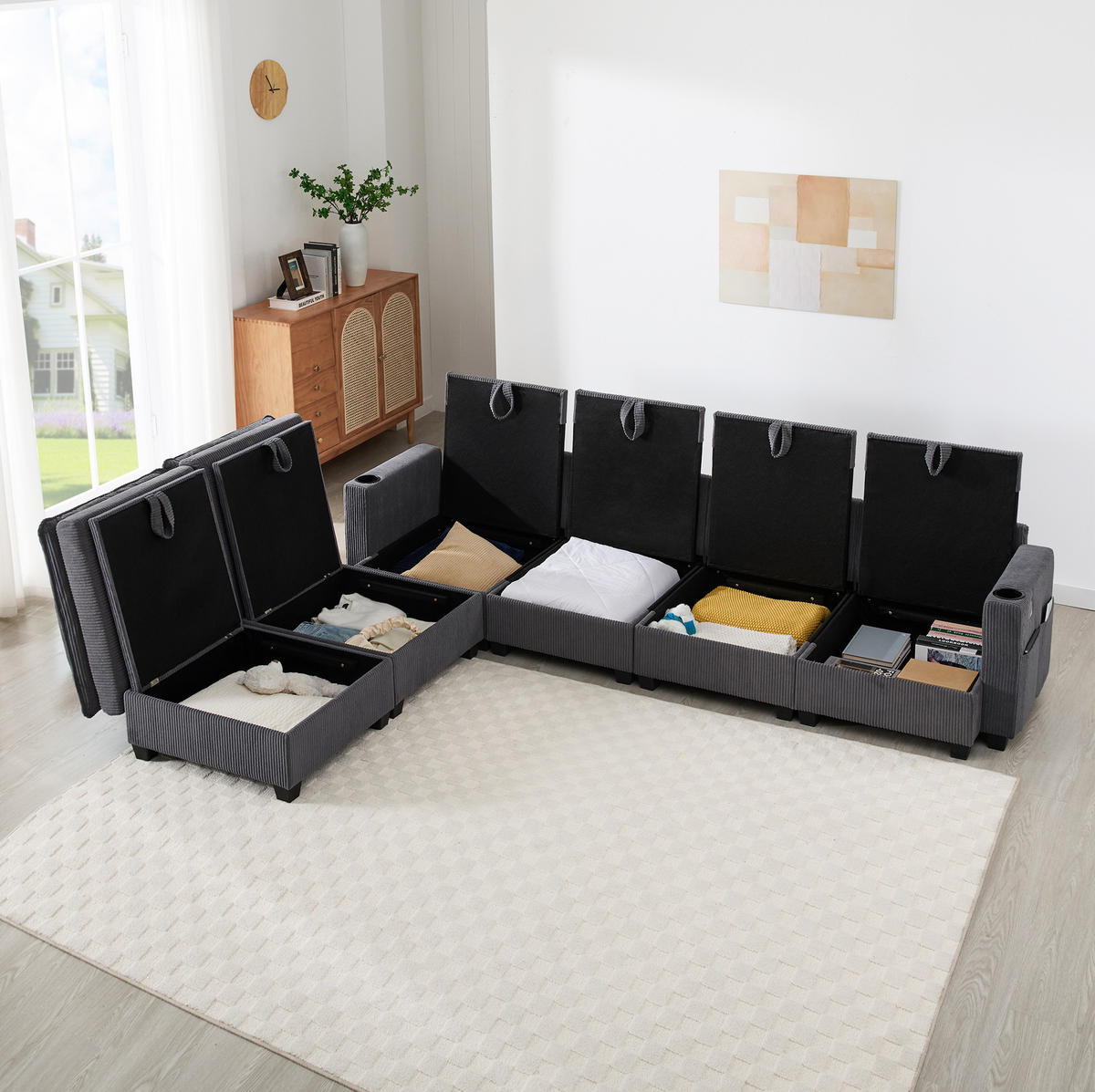 SOFA Modulares L-förmiges mit Fußhockern und USB-Anschlüssen Cord Grau 280/151/82 cm - Grau, Textil (280/151cm) - OKWISH