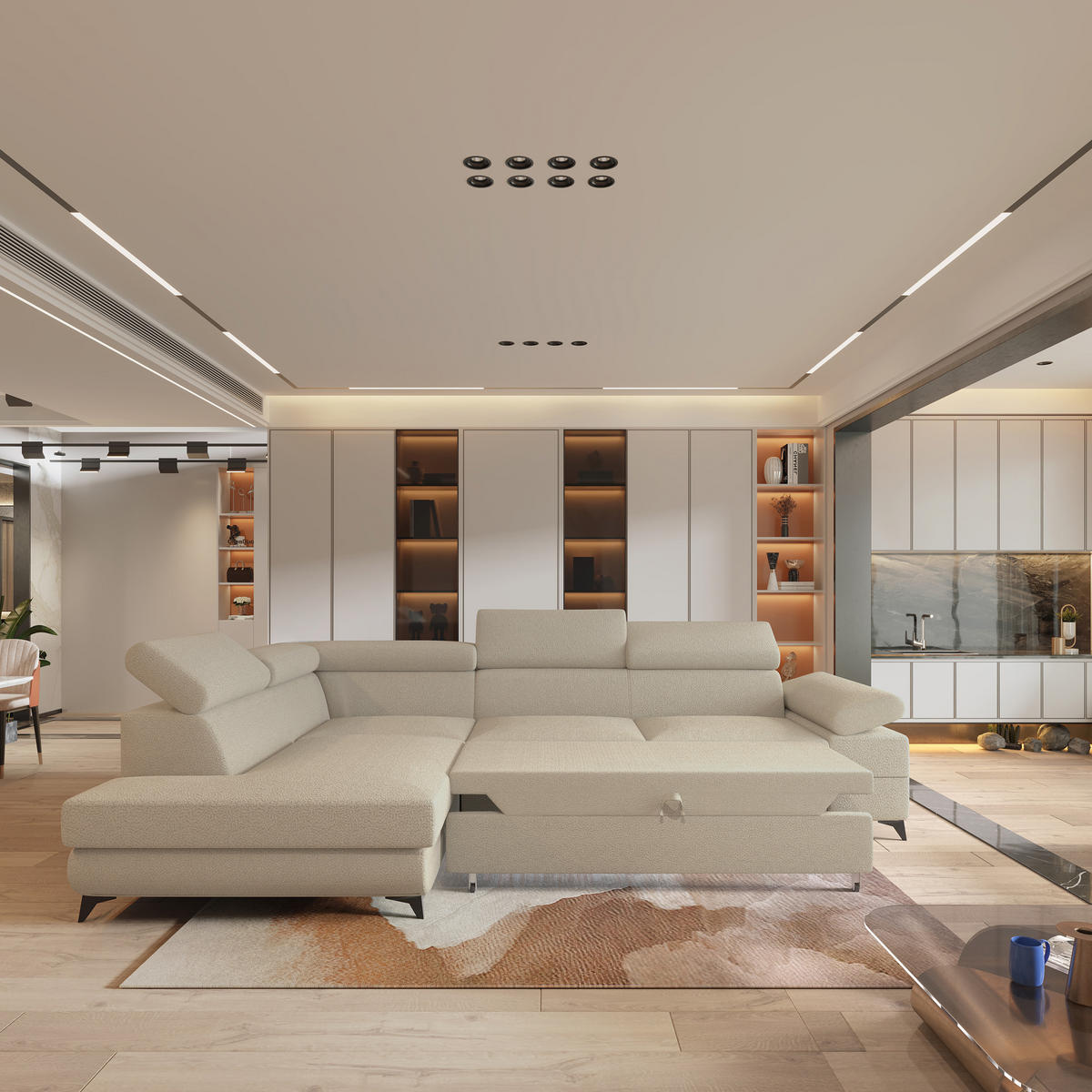 ECKSOFA FAVIEN L-S Beige Boucle-Stoff mit Schlaffunktion - Beige, Holz (257/190cm) - MASSENO