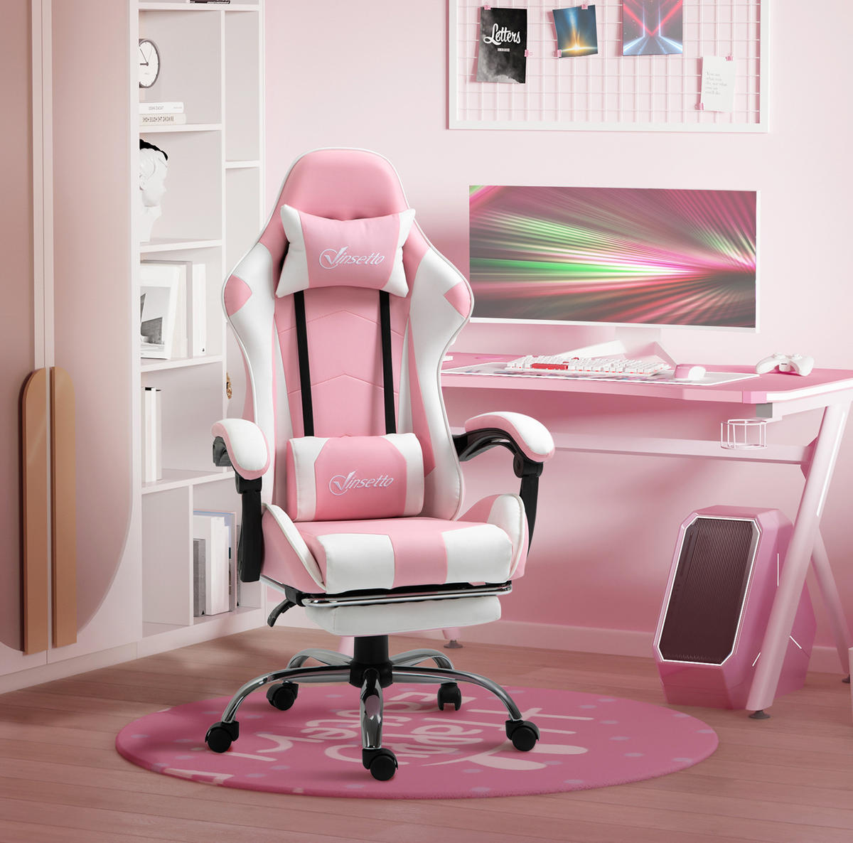 GAMING stol 67/64/119-127 cm, nastavljiv po višini z oporo za glavo in noge, penasto oblazinjenje, Roza - pink, umetna masa (67/127/64cm) - Redom