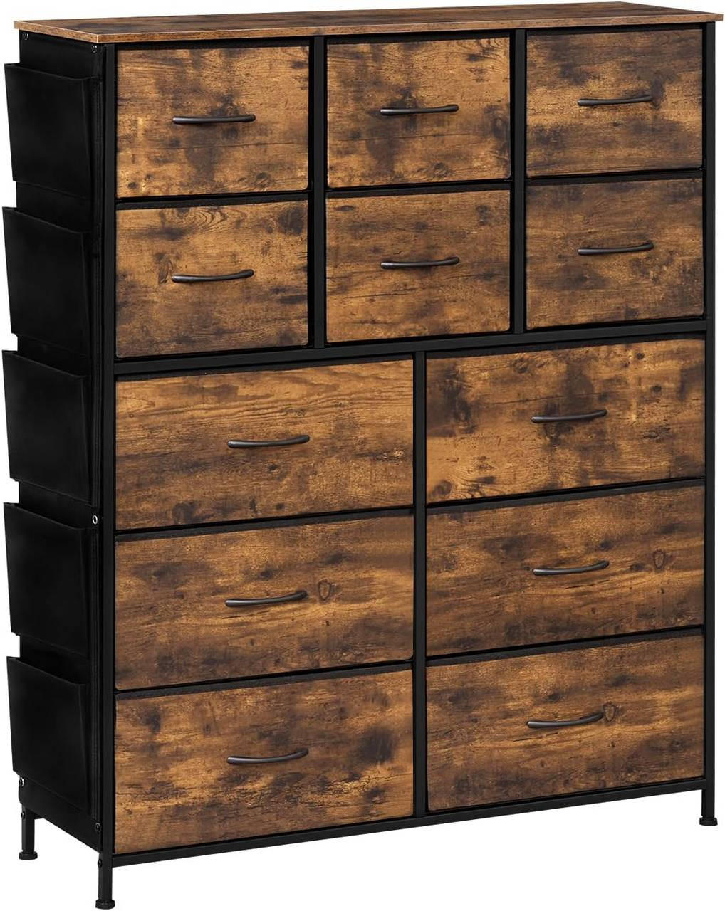 KOMMODE mit 12 Stoffschubladen, Rustikales Braun - Dunkelbraun/Schwarz, Holzwerkstoff/Textil (100/123/30cm) - Woltu