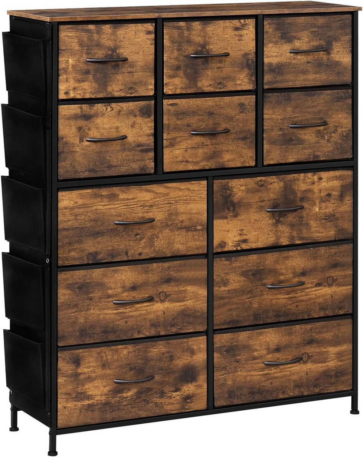KOMMODE mit 12 Stoffschubladen, Rustikales Braun - Dunkelbraun/Schwarz, Holzwerkstoff/Textil (100/123/30cm) - Woltu