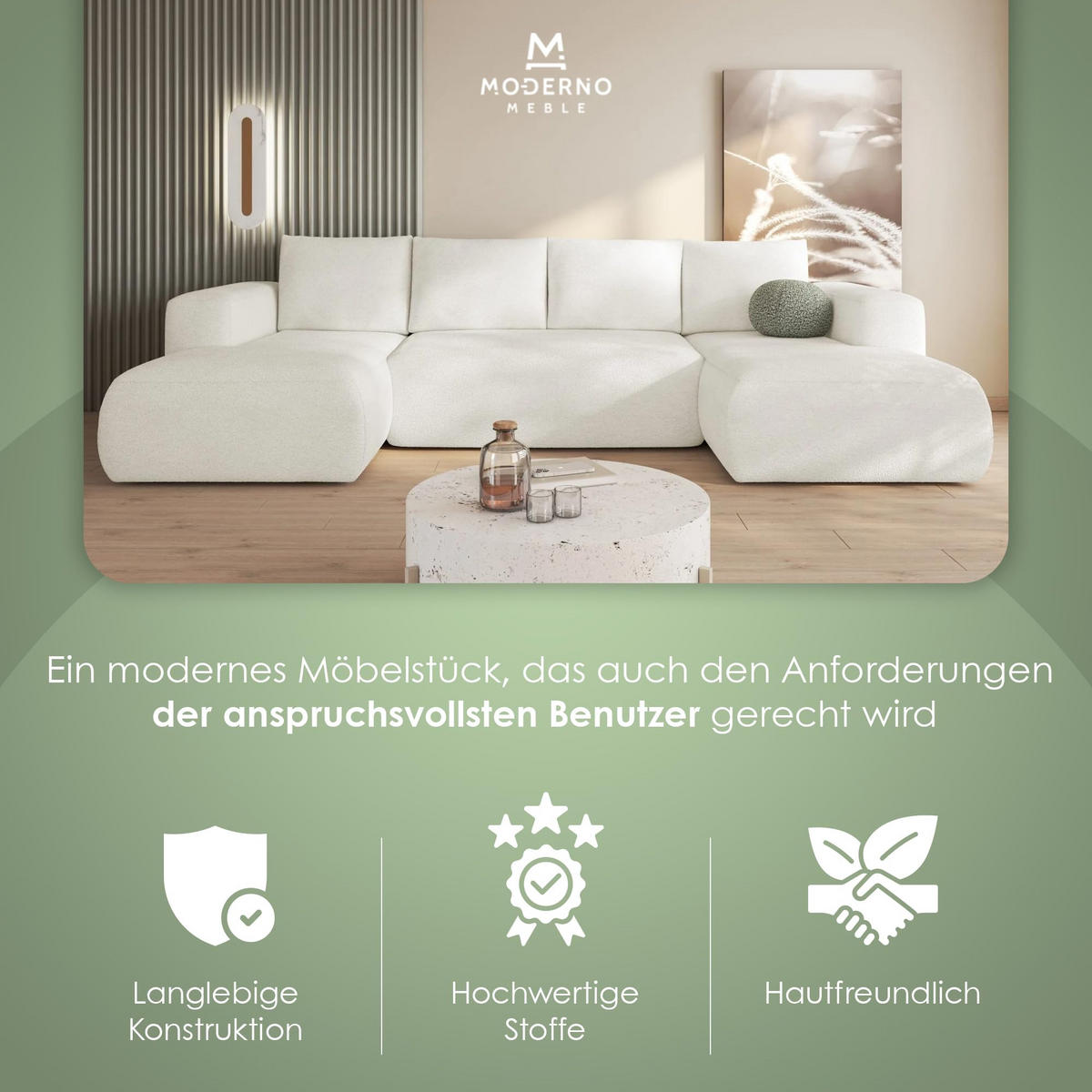 ECKSOFA LAMBI U, Wohnlandschaft U Form mit +3 Sitzen, Dunkel Creme - Lambi 08 - Ecru, Textil (340/89/114cm) - Moderno Meble