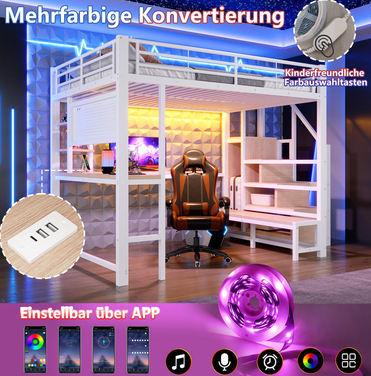 HOCHBETT MDF Metall 140x200 cm Weiß mit Schreibtisch, Stauraum, LED und USB/USB-C - Weiß, Holzwerkstoff (140/200cm) - Modfu