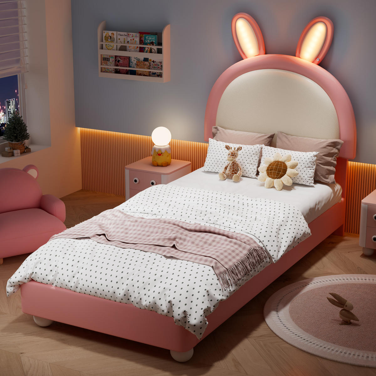 POLSTERBETT 90x200 cm aus PU mit Hasen-Kopfteil und LED-Leiste, rosa - Rosa, Holzwerkstoff (90/200cm) - Luhomfu