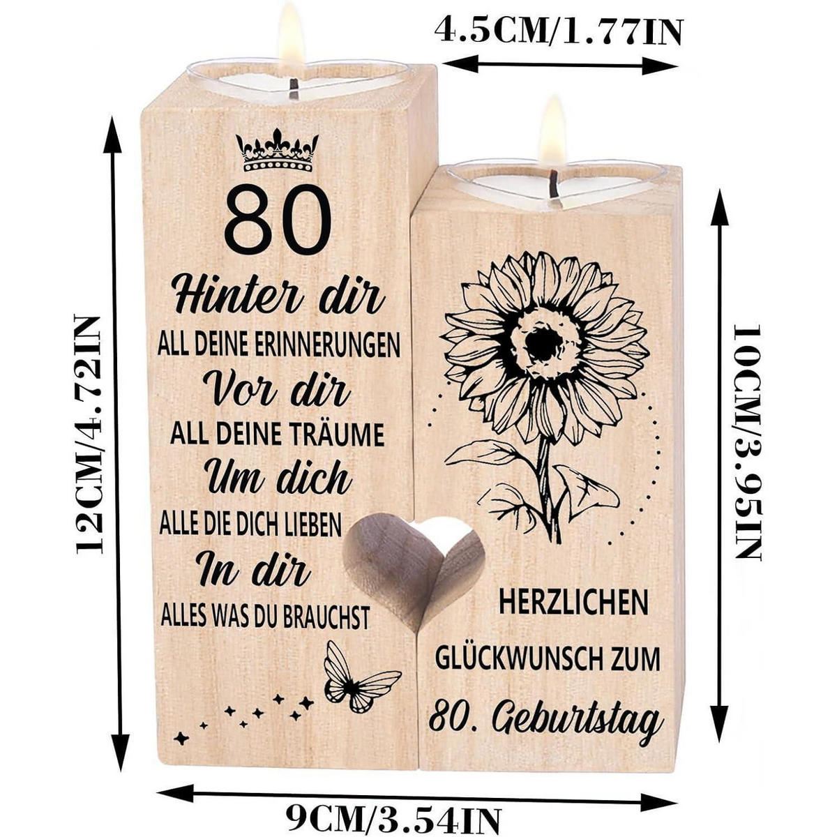 KERZENSTÄNDER 80. Geburtstag Holz 10 x 4,5 x 12 cm - Braun, Holz (4.5/12/10cm)