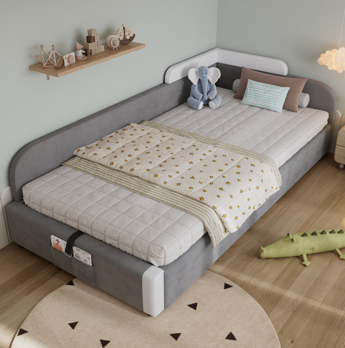 KINDERBETT 90/200 cm in Grau mit Stauraum und weichem Schutzrand - Grau, Textil (90/200cm) - Flora Grace
