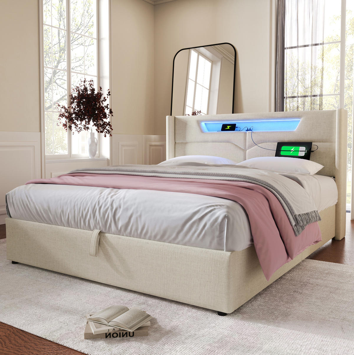 POLSTERBETT mit Stauraum, LED und Ladeanschlüssen 140x200 cm Leinen Beige - Beige, Metall (140/200cm) - Beauniv