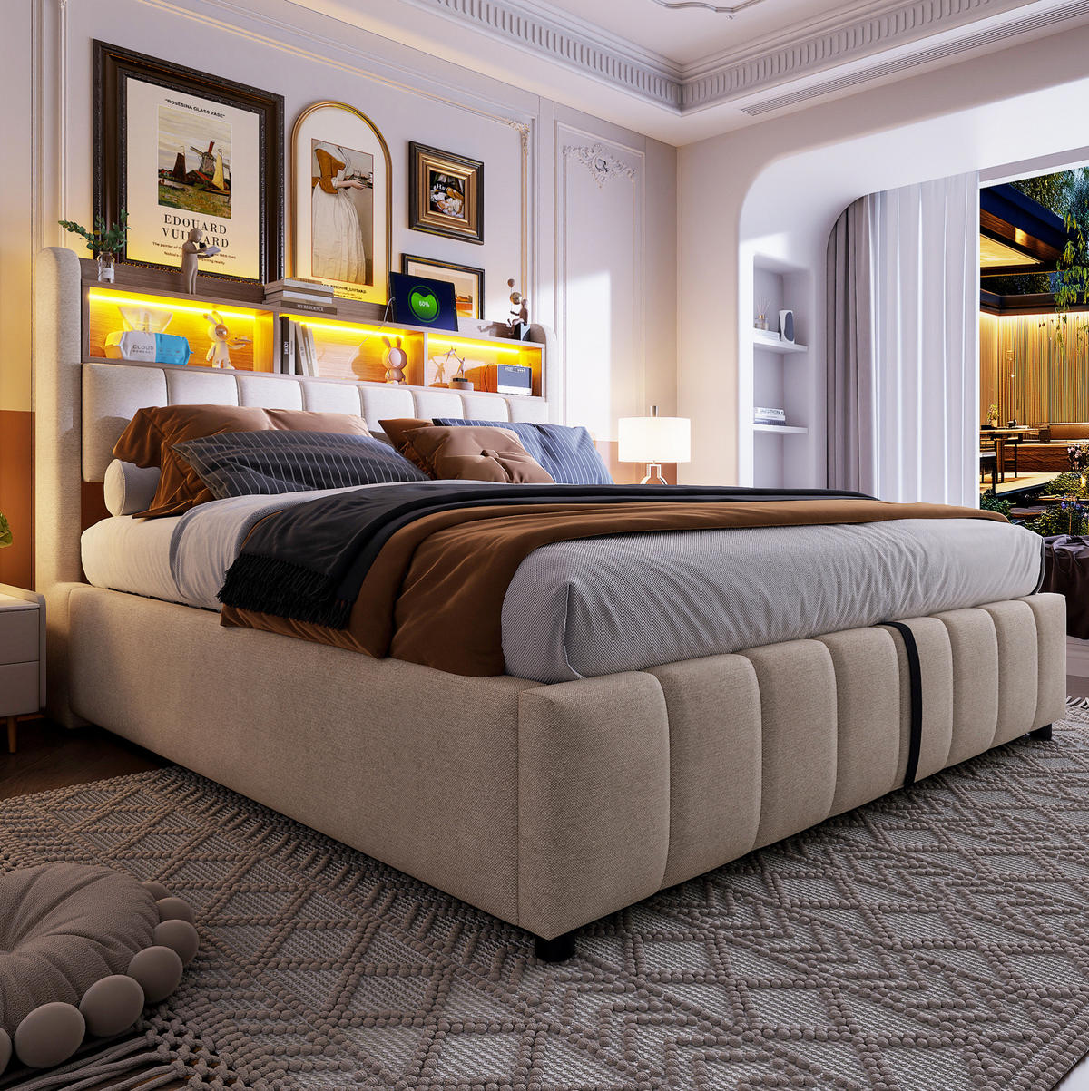 POLSTERBETT 180/200 cm Beige mit Stauraum, LED-Beleuchtung und USB - Beige, Textil (180/200cm) - Flora Grace