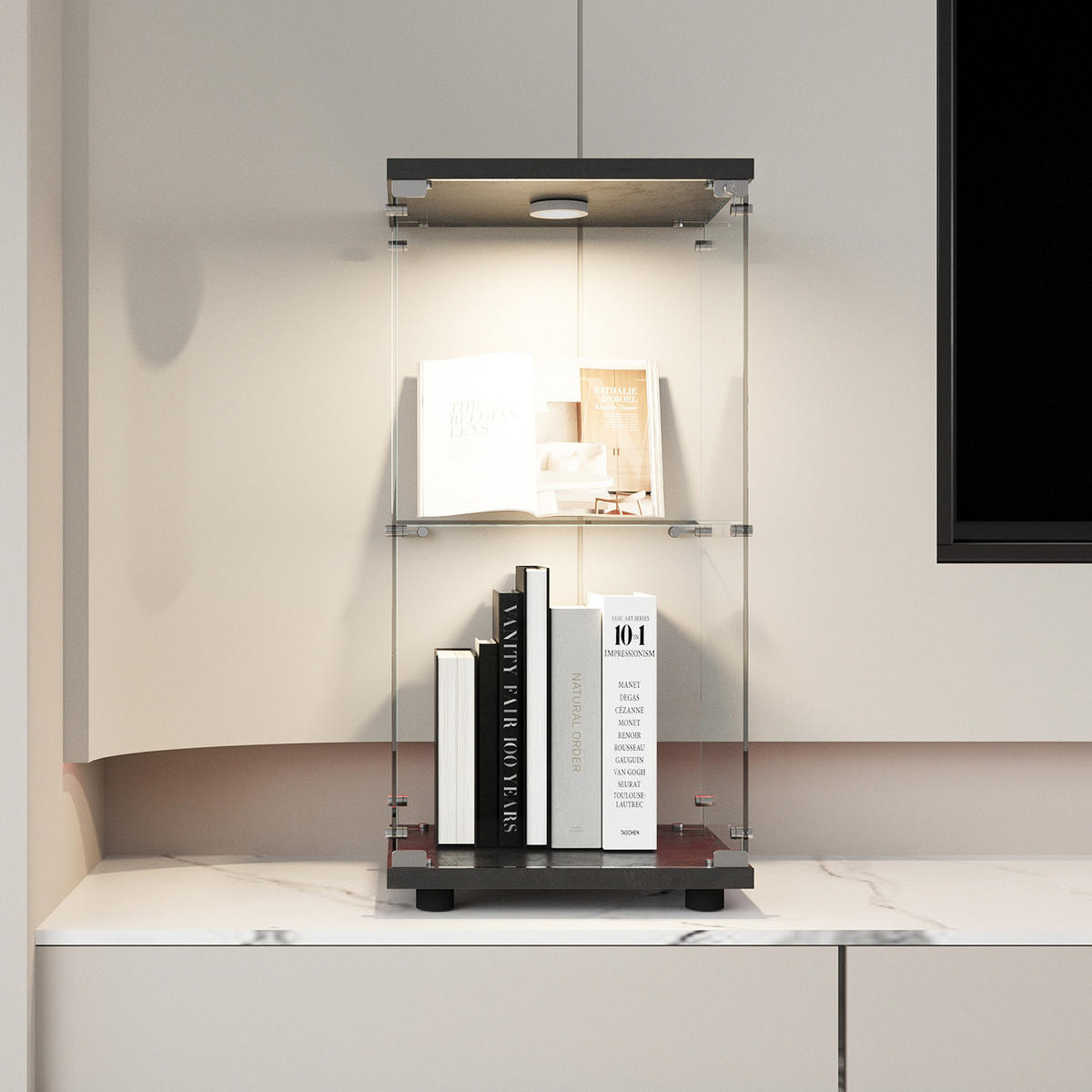 VITRINE,TRANSPARENT, 2-stufig, mit LED-Beleuchtung, schwarzer Rahmen, staubdichte Glaswände - Schwarz, Glas (40.35/86.2/36.5cm) - Joyfair