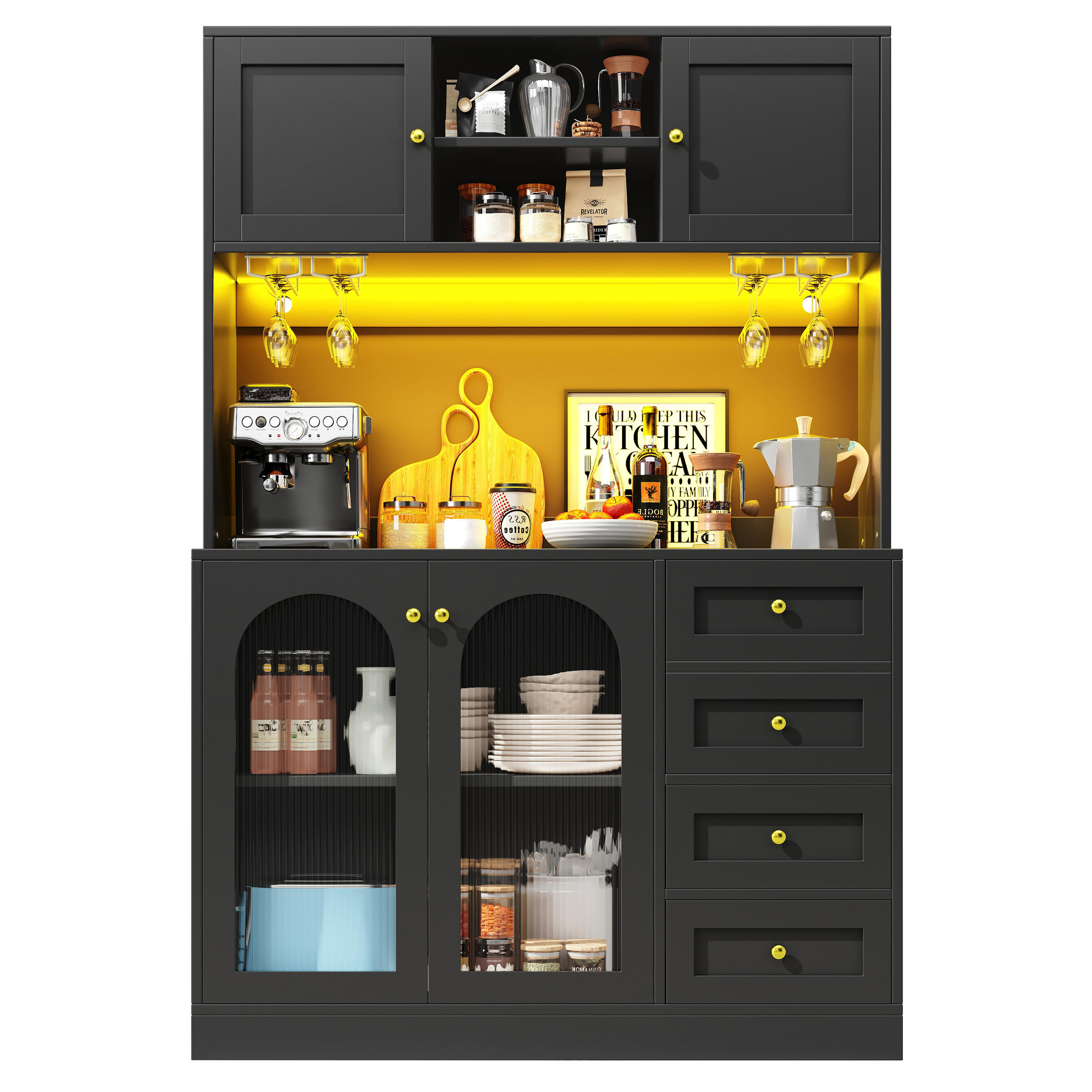KÜCHENSCHRANK 120x40x188Cm LED 4 Türen Landhausstil - Schwarz, Holzwerkstoff (120/188/40cm) - FLIEKS