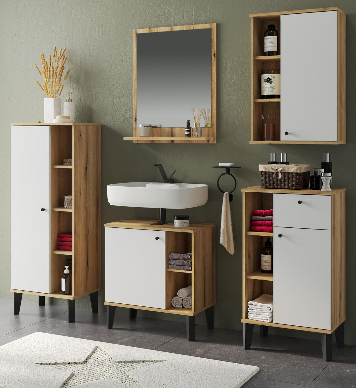 BADMÖBEL-SET 5-teilig weiß, Evoke Eiche, Badkombination, 182 x 190 cm - Eichefarben/Schwarz, Glas/Holzwerkstoff (182/190/33cm) - Furn.Design