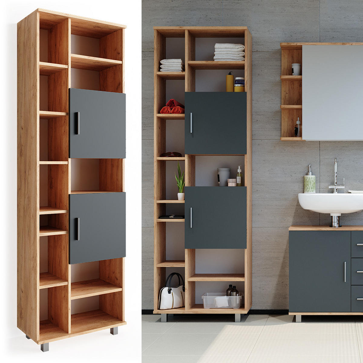 BADSCHRANK Ilias Goldkraft Eiche 60 x 190 cm - Honigeiche/Braun, Holzwerkstoff (60/190/30cm) - Vicco