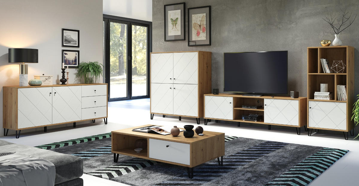 KOMMODE weiß matt mit Rautenoptik, Eiche Artisan 123 cm, Sideboard mit Soft-Close - Eichefarben/Schwarz, Holzwerkstoff/Kunststoff (123/76/40cm) - Top.Furn