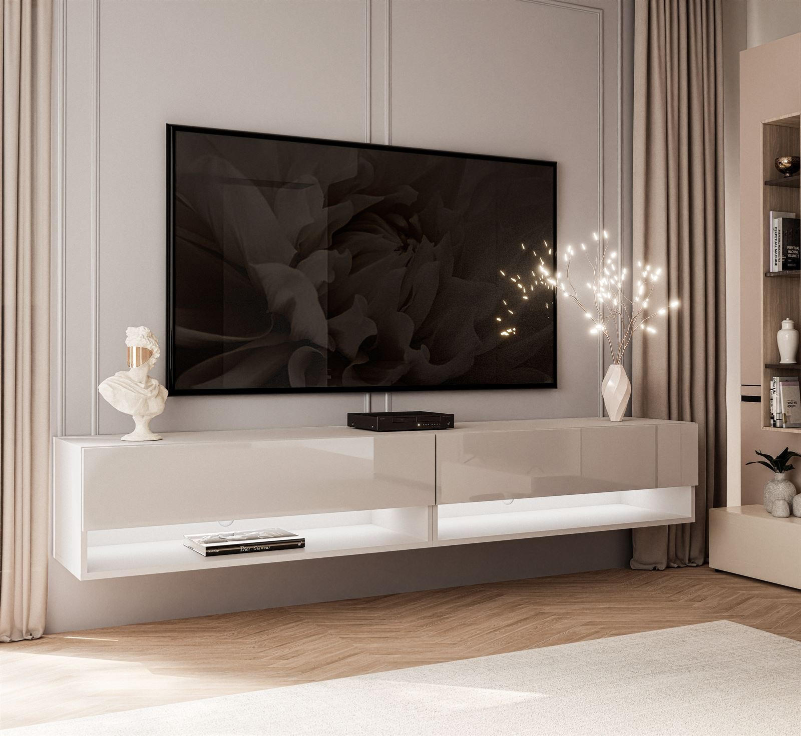 HÄNGESCHRANK TV-Möbel CALANTE 180 cm mit LED-Beleuchtung - Beige, Holzwerkstoff (180/30/35cm) - Lookway