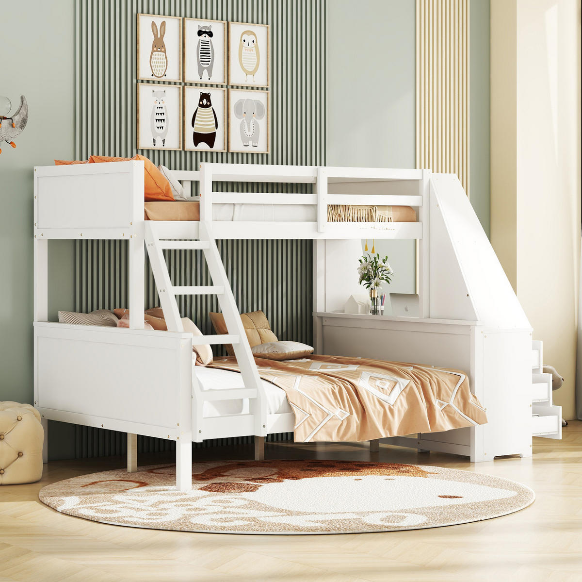 ETAGENBETT aus Kiefern und MDF 90x200/140x200 cm Weiß mit Schreibtisch, Bücherregal und Stauraum - Weiß, Holzwerkstoff (90/200cm) - Modfu