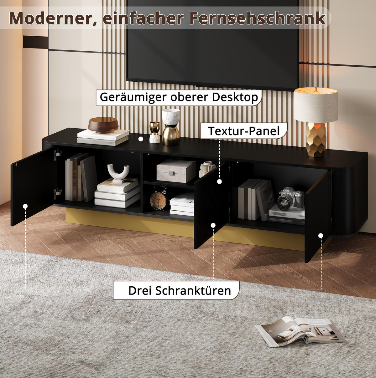 TV-LOWBOARD aus MDF und Spanplatte 170x40,5x47 cm Schwarz mit Kabelmanagement und 3 Türen - Schwarz, Holzwerkstoff (170/47/40.5cm) - Modfu