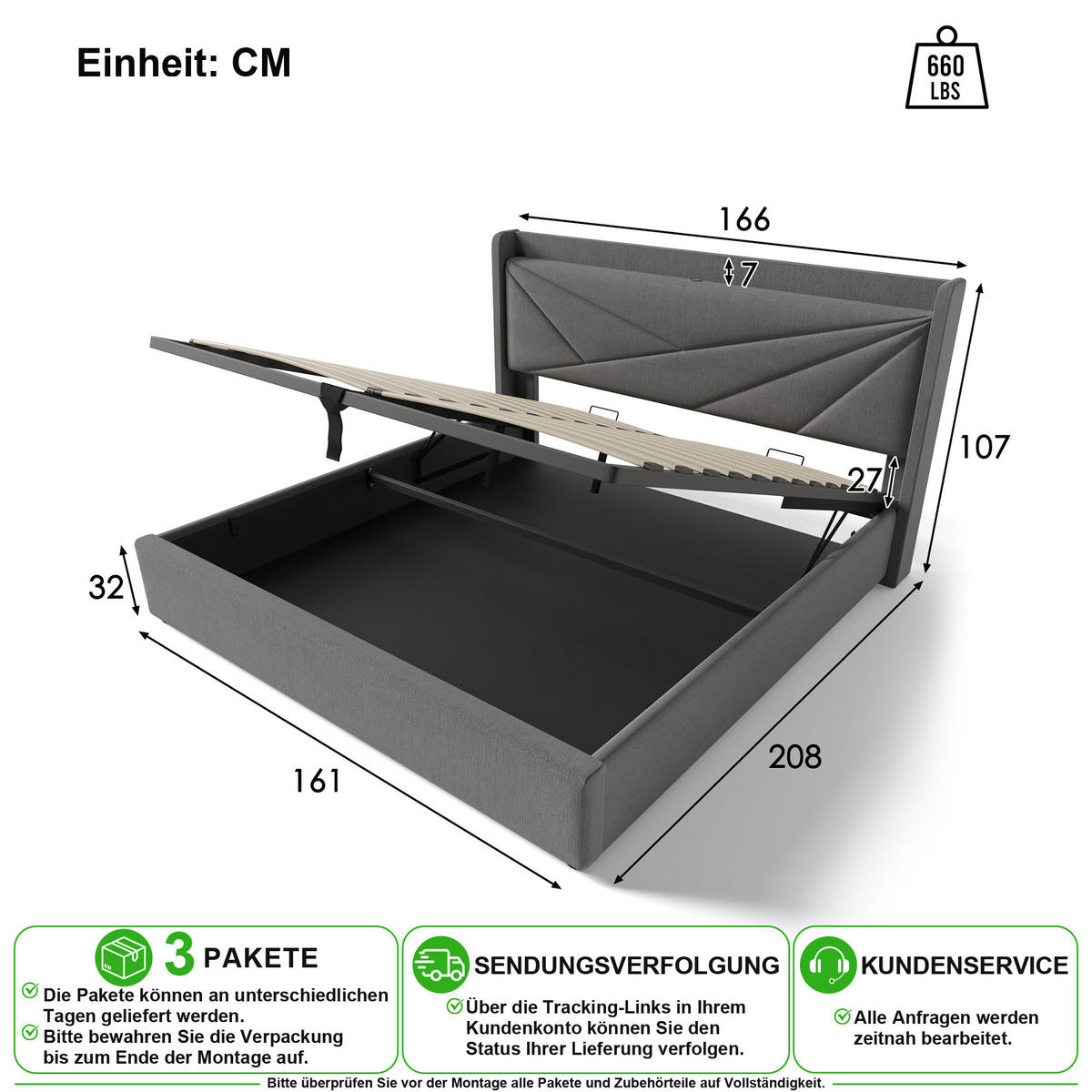 POLSTERBETT 160/200 cm in Grau Leinenstoff mit Bettkasten, USB und Matratze - Grau, Holzwerkstoff/Textil (160/200cm) - CHICFURN