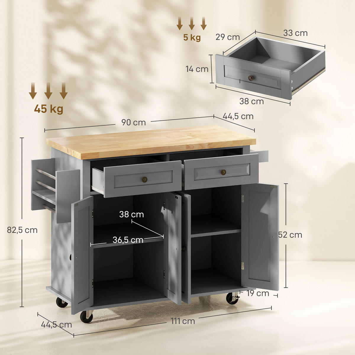 KÜCHENINSEL Grau 1 Stück - Grau, Holzwerkstoff (111.76/208.28/281.94cm) - GiPP