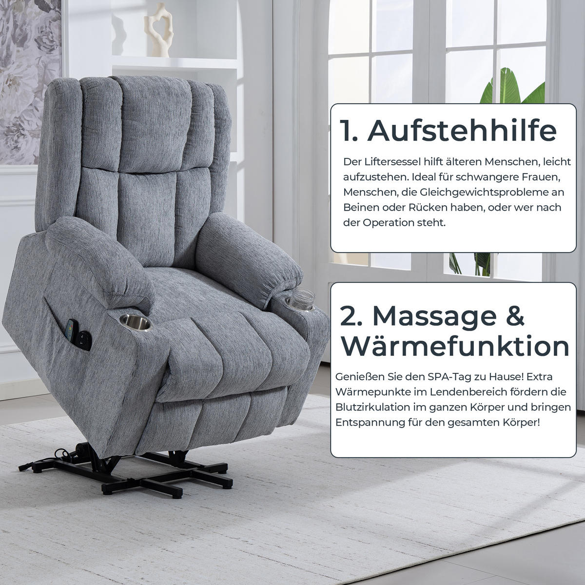 ELEKTRISCHER Relaxsessel Samt mit Aufstehhilfe, Massage, Wärme 91/84/106 cm Hellgrau - Hellgrau, Textil (84/106/91cm) - Redom