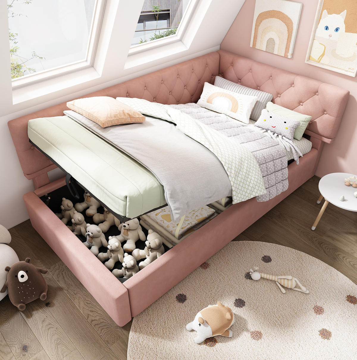SAMT-POLSTERBETT 90/190 cm in Rosa mit Bettkasten und gepolstertem Kopfteil - Rosa, Textil (90/190cm) - BEAOK