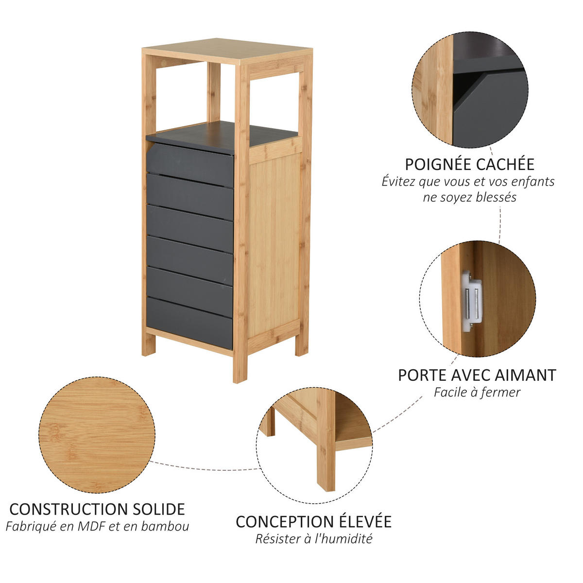 MIDISCHRANK DE-12325 32/30/80 cm mit Tür und Schublade Bambou und Grau - Grau, Holzwerkstoff (30/80/32cm) - ComfortXL