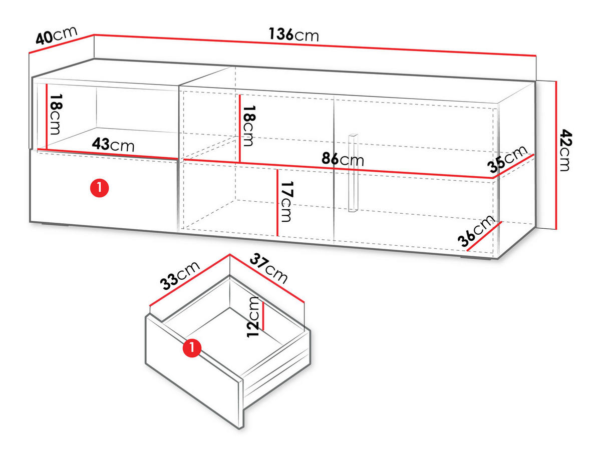 TV-LOWBOARD Lorin 2D1S LO09 - Kaschmir/Rosa, Holzwerkstoff (136/42/40cm) - MIRJAN24