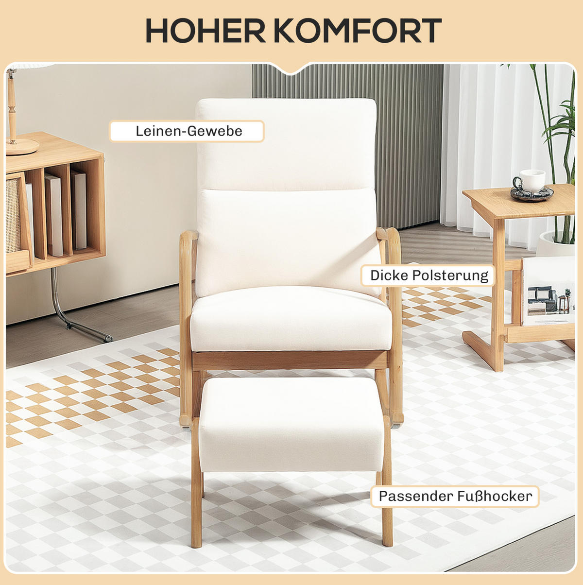 SCHAUKELSTUHL 65/96/94,5 cm cremeweiß aus Polyester mit Hocker - Creme, Textil (65/94.5/96cm) - OKWISH