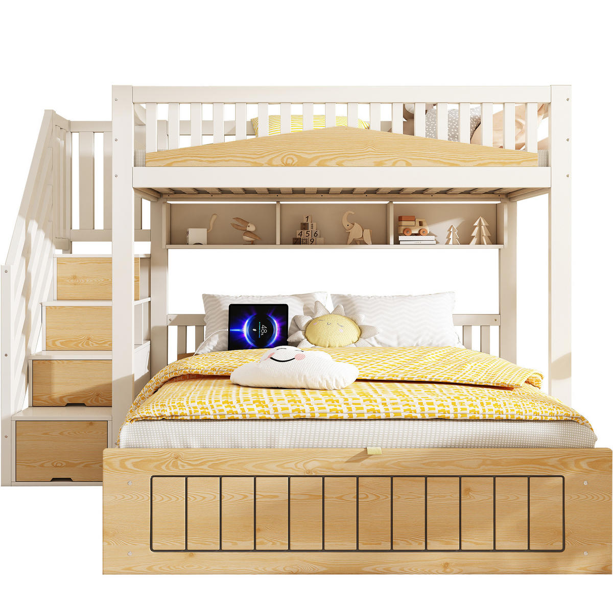 ETAGENBETT 160/200 cm weiß/natur aus Holzwerkstoff mit Stauraum und USB-C - Weiß, Holzwerkstoff (90/200cm) - OKWISH