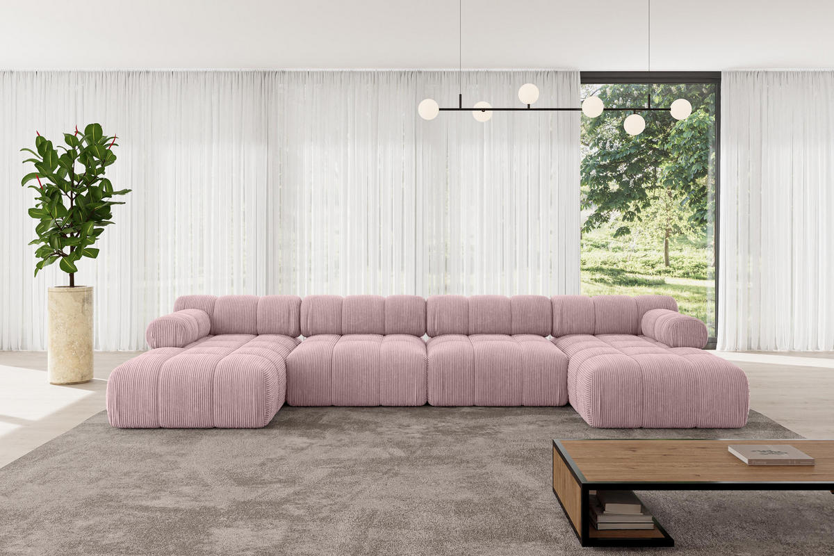 WOHNLANDSCHAFT modulares Sofa Tesso-U2 - 380x160x70 cm Rosa Cord - Rosa, Holzwerkstoff/Textil (380/70/160cm) - ALTDECOR