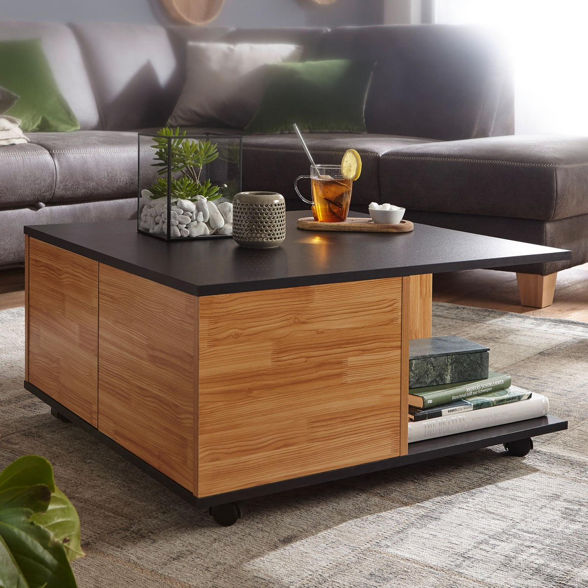 COUCHTISCH mit Rollen, Melaminharzbeschichtung und 2 Schubladen, Anthrazit 70x70x36 cm - Anthrazit/Schwarz, Holz (70/70/36cm) - KADIMA DESIGN